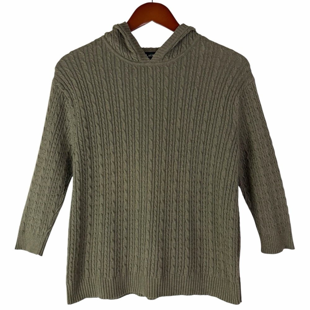Ralph Lauren Petite Large Cable Knit Hoodie Sweater Olive Green Quiet Luxury